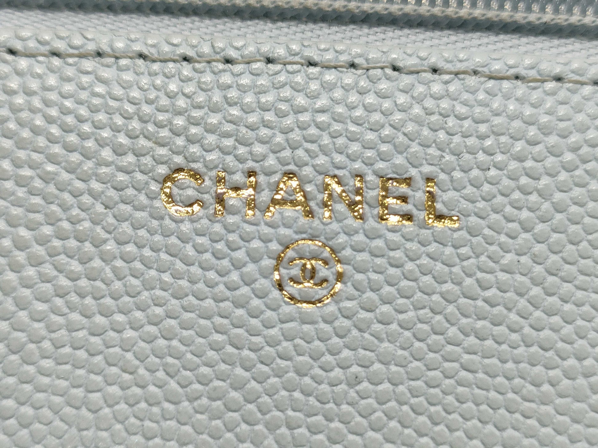 CHANEL Caviar Leather Matelasse Chain Wallet Light Blue Shoulder Bag