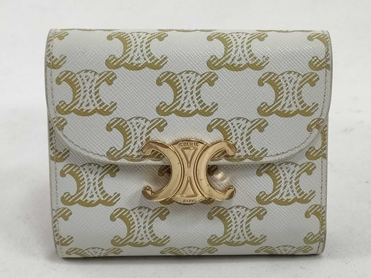 CELINE Triomphe Small Flap Wallet in White and Tan Canvas and Calfskin