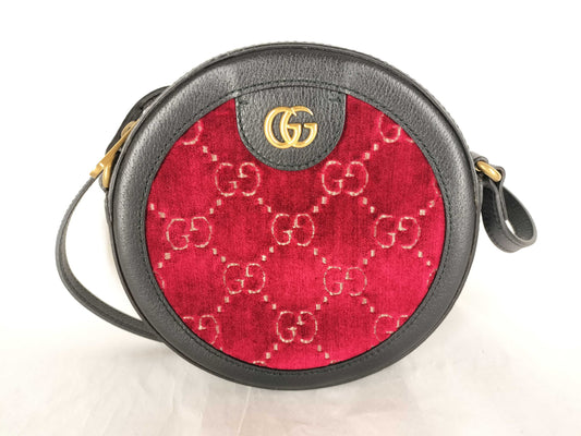 GUCCI GG Velvet Round Shoulder Bag with Leather, Red, 574978