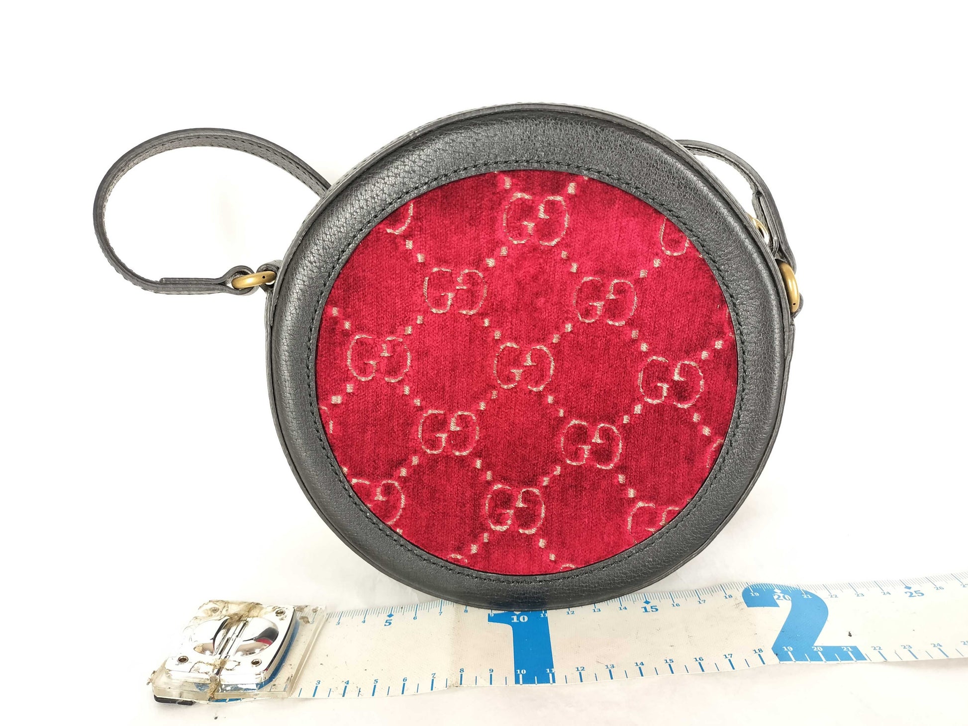 GUCCI GG Velvet Round Shoulder Bag with Leather, Red, 574978