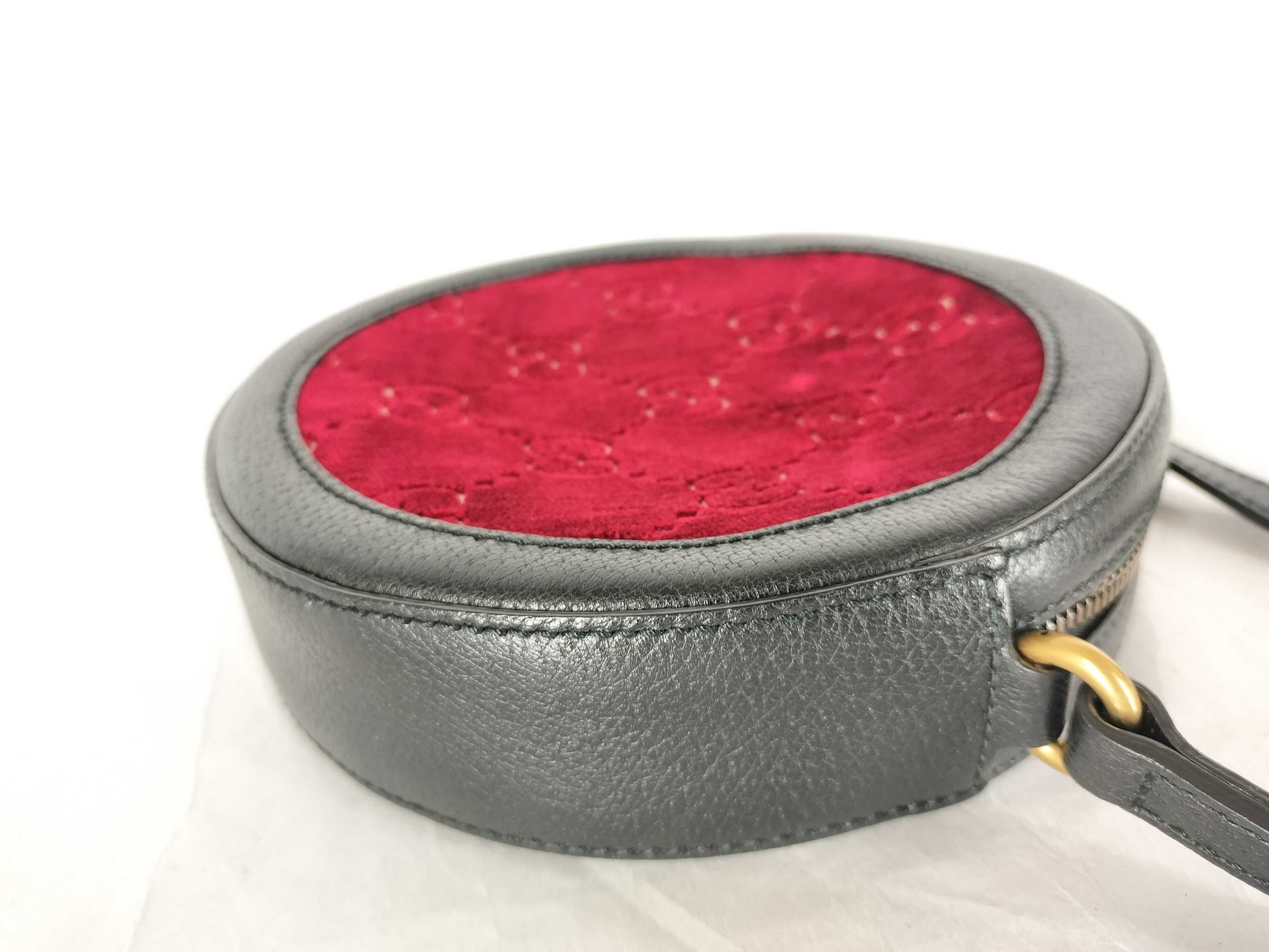 GUCCI GG Velvet Round Shoulder Bag with Leather, Red, 574978