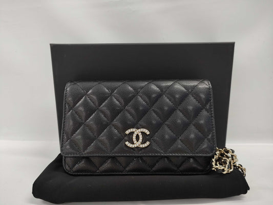 CHANEL Caviar Skin Coco Mark Rhinestone Chain Wallet, Random Number Shoulder Bag