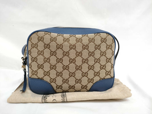 GUCCI GG Canvas Gucci 449413 GG Canvas Leather Beige Blue Shoulder Bag