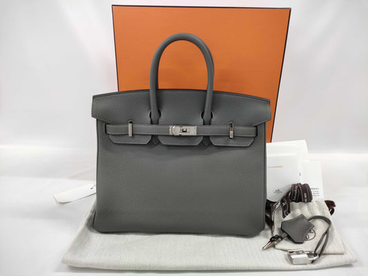 HERMES Birkin 25 Togo Etain Stainless Steel B Stamp Handbag