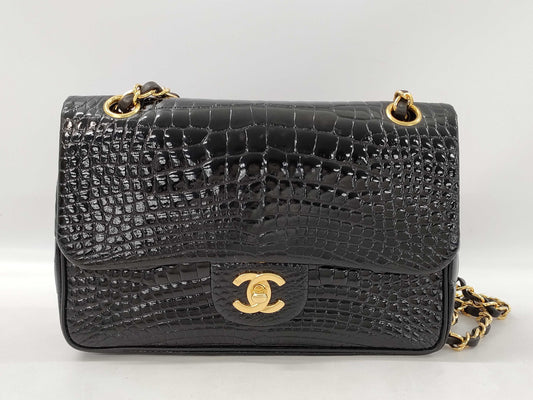CHANEL Double Flap Crocodile Black GP Shoulder Bag
