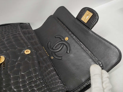 CHANEL Double Flap Crocodile Black GP Shoulder Bag