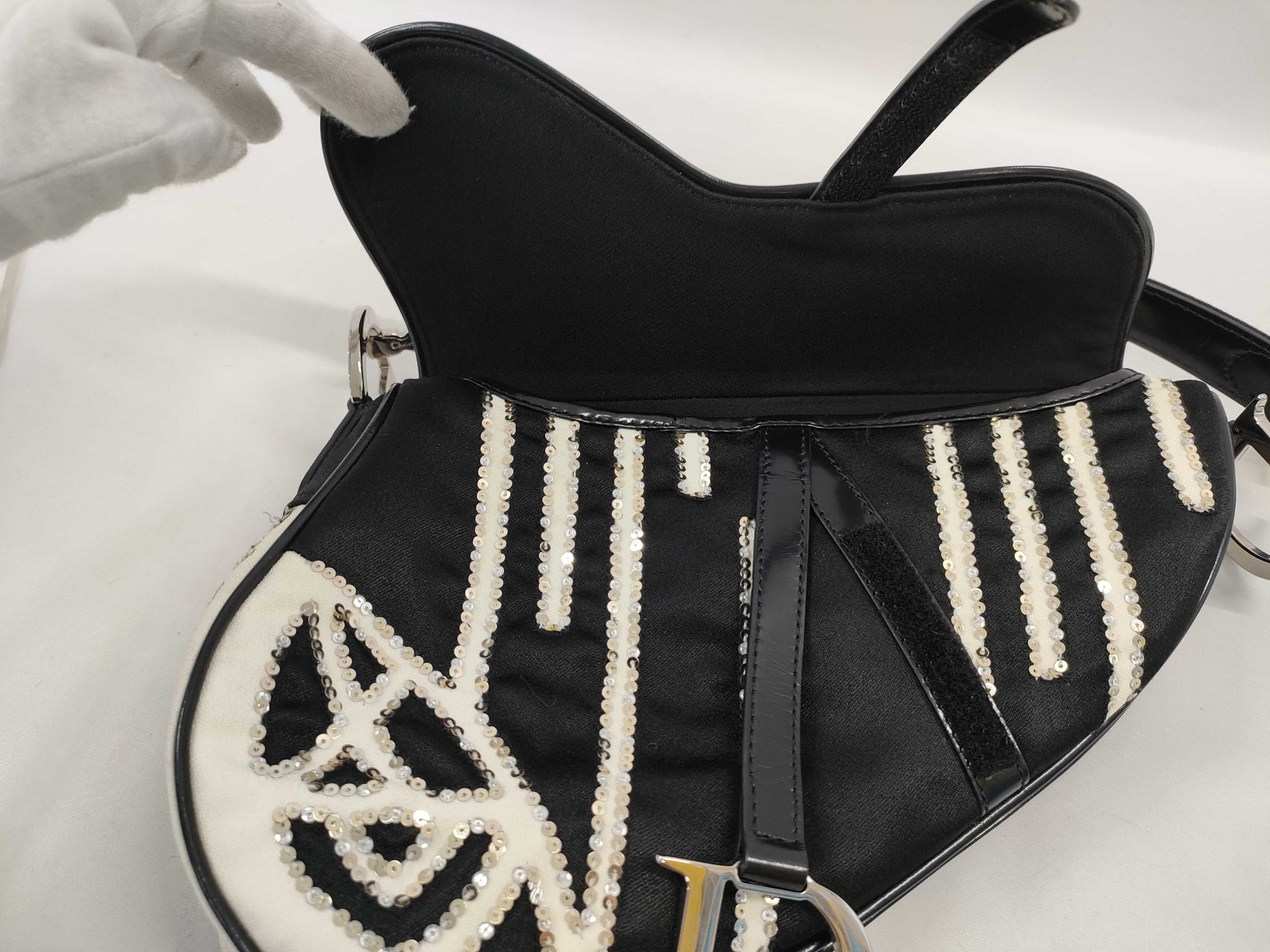 Dior Saddle Bag Sequin Satin Black White SS Handbag