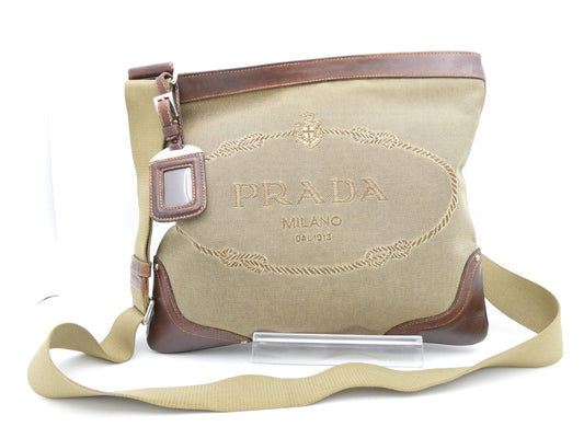 PRADA Logo Jacquard Canvas and Leather Shoulder Bag