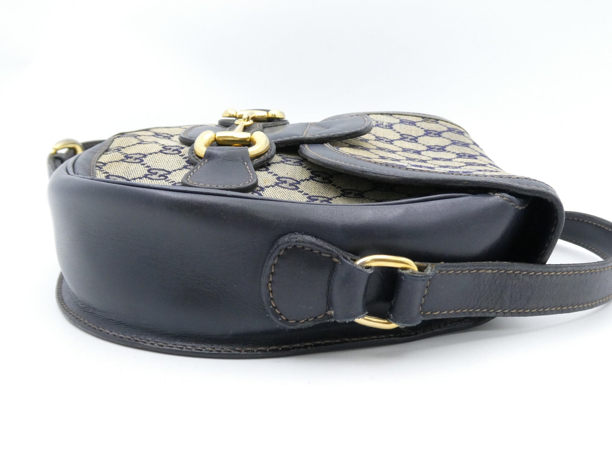 GUCCI Horsebit Hardware GG Canvas Leather Shoulder Bag