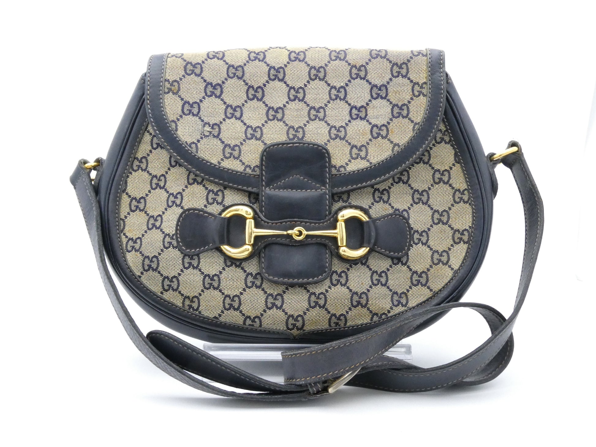 GUCCI Horsebit Hardware GG Canvas Leather Shoulder Bag