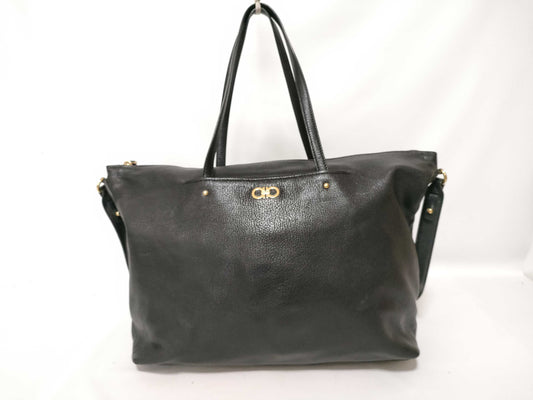 Salvatore Ferragamo Gancini Leather 2-Way Tote Bag AB-21F 651 Black