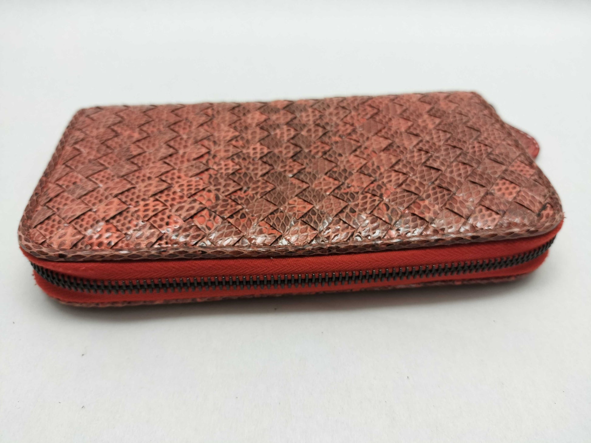 BOTTEGA VENETA Intrecciato Leather Long Wallet with Zip-Around Design, Orange