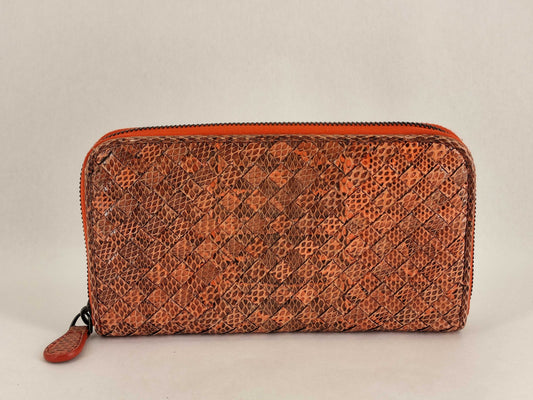 BOTTEGA VENETA Intrecciato Leather Long Wallet with Zip-Around Design, Orange