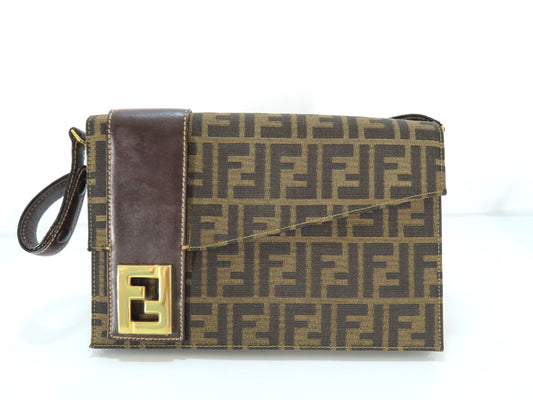 FENDI Zucca Canvas and Leather One-Shoulder Bag, Black and Brown
