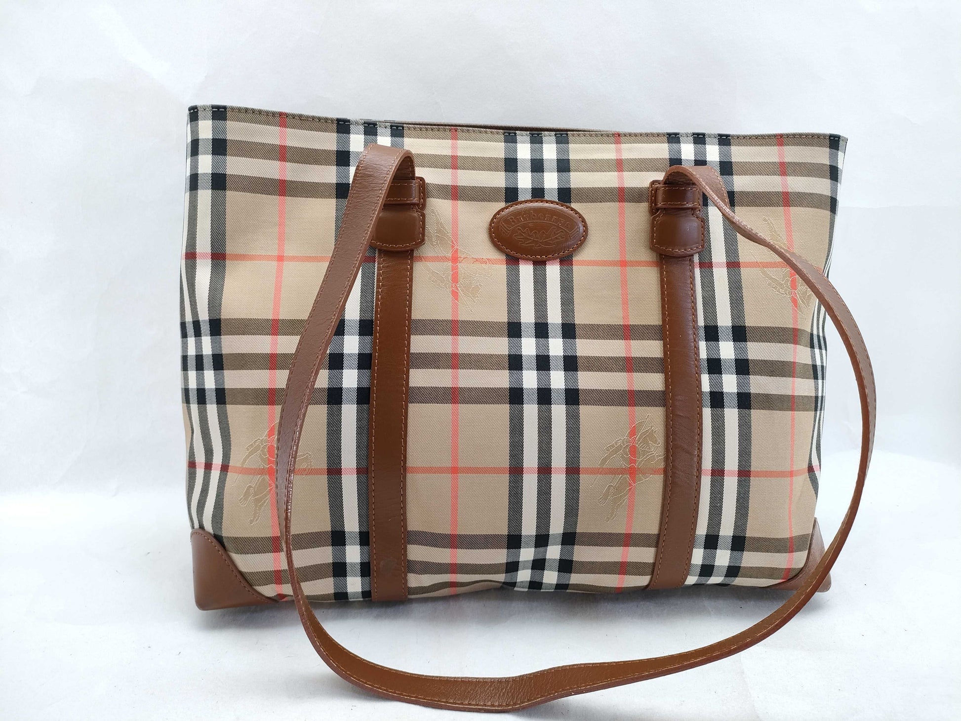 Burberrys Check Pattern Nylon Canvas and Leather Tote Bag, Brown