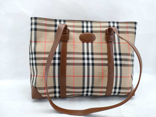 Burberrys Check Pattern Nylon Canvas and Leather Tote Bag, Brown
