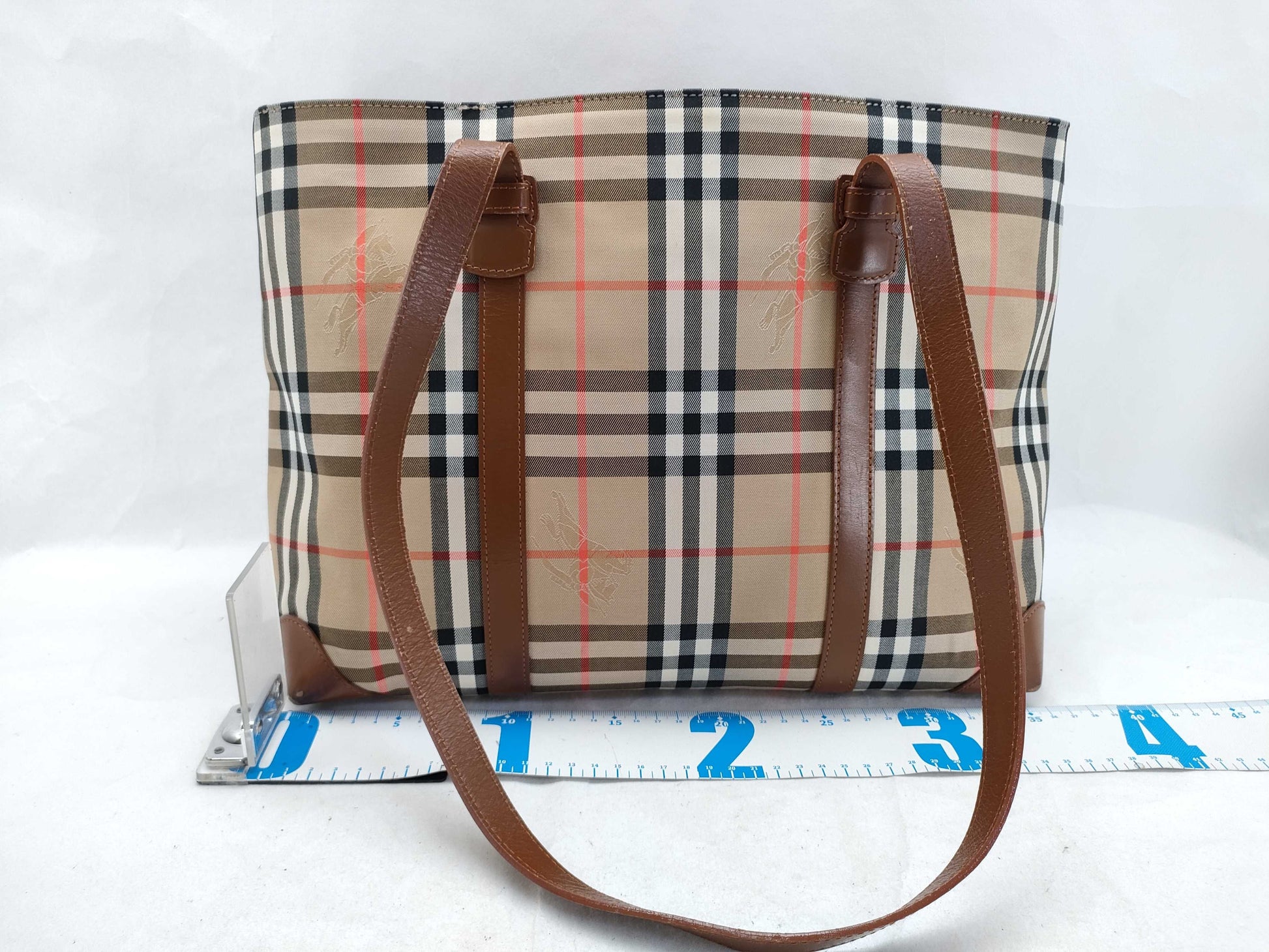 Burberrys Check Pattern Nylon Canvas and Leather Tote Bag, Brown
