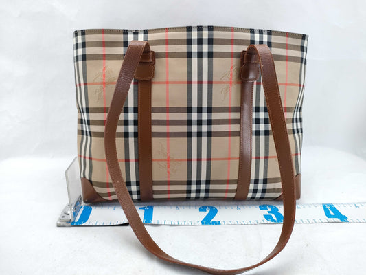 Burberrys Check Pattern Nylon Canvas and Leather Tote Bag, Brown