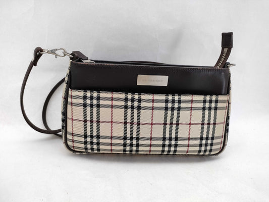 BURBERRY Check Pattern Nylon Canvas and Leather Shoulder Bag, Ivory and Brown