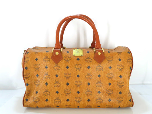 MCM Visetos Leather Boston Bag, Brown