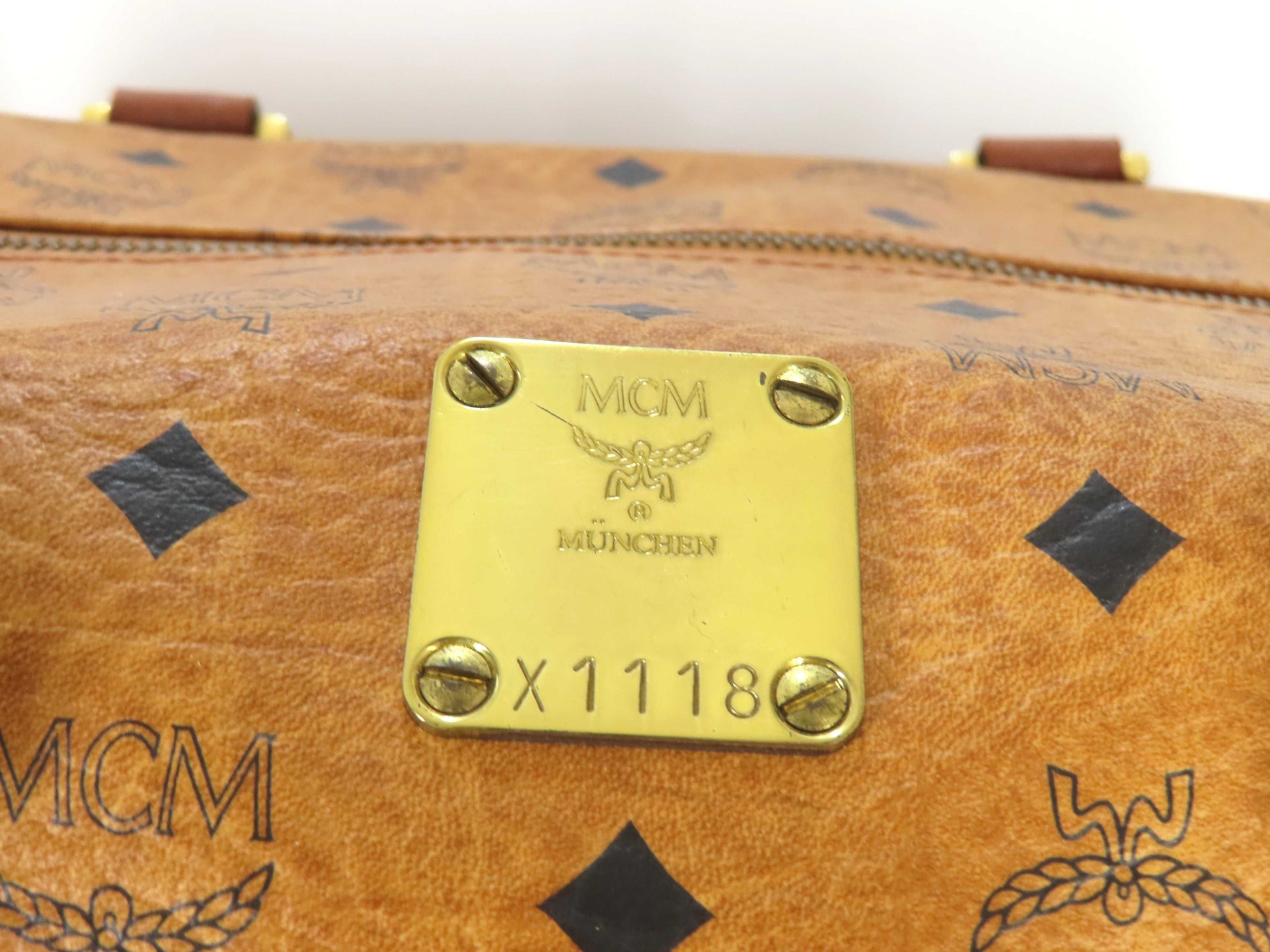 MCM Visetos Leather Boston Bag, Brown