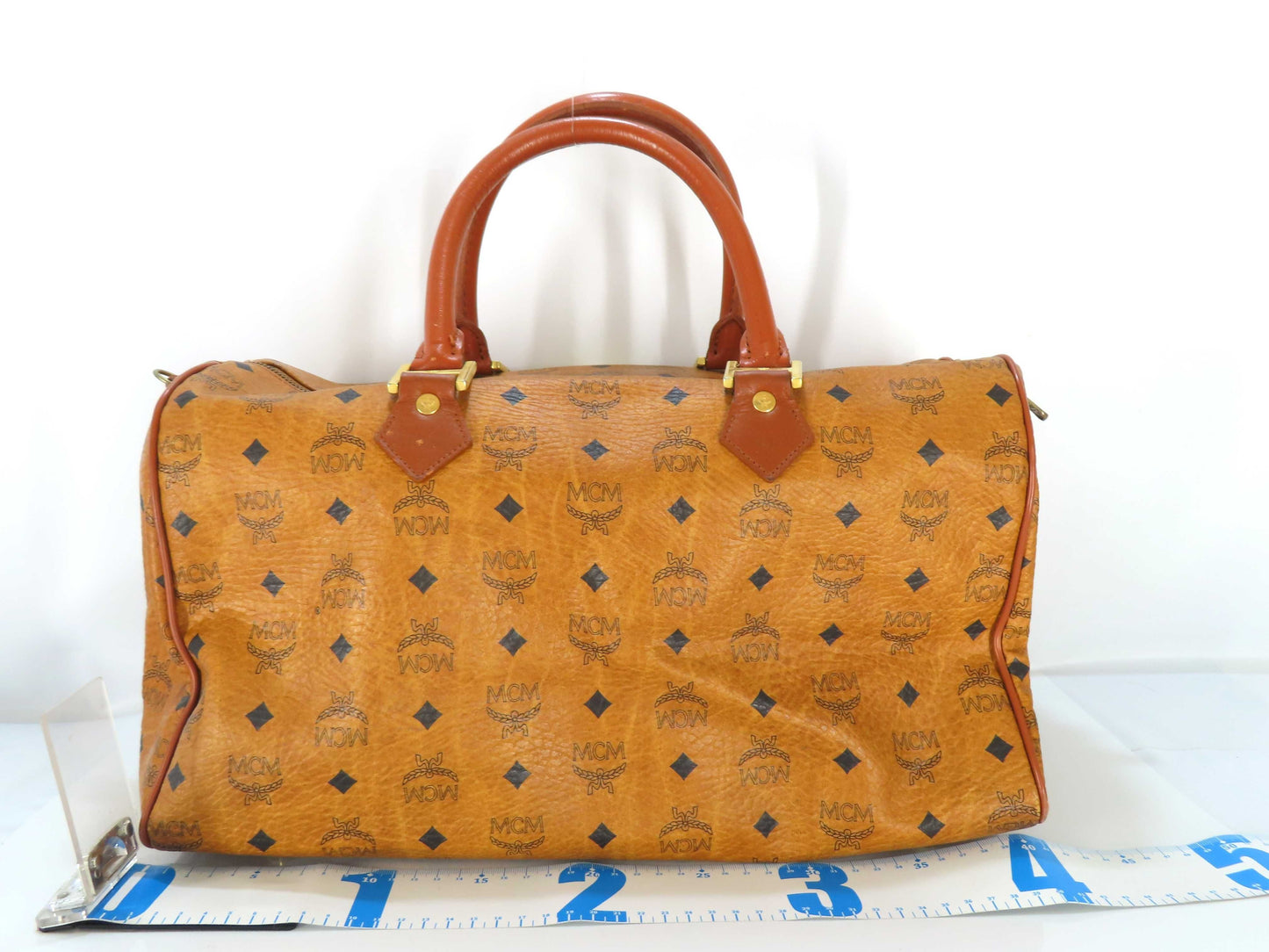 MCM Visetos Leather Boston Bag, Brown