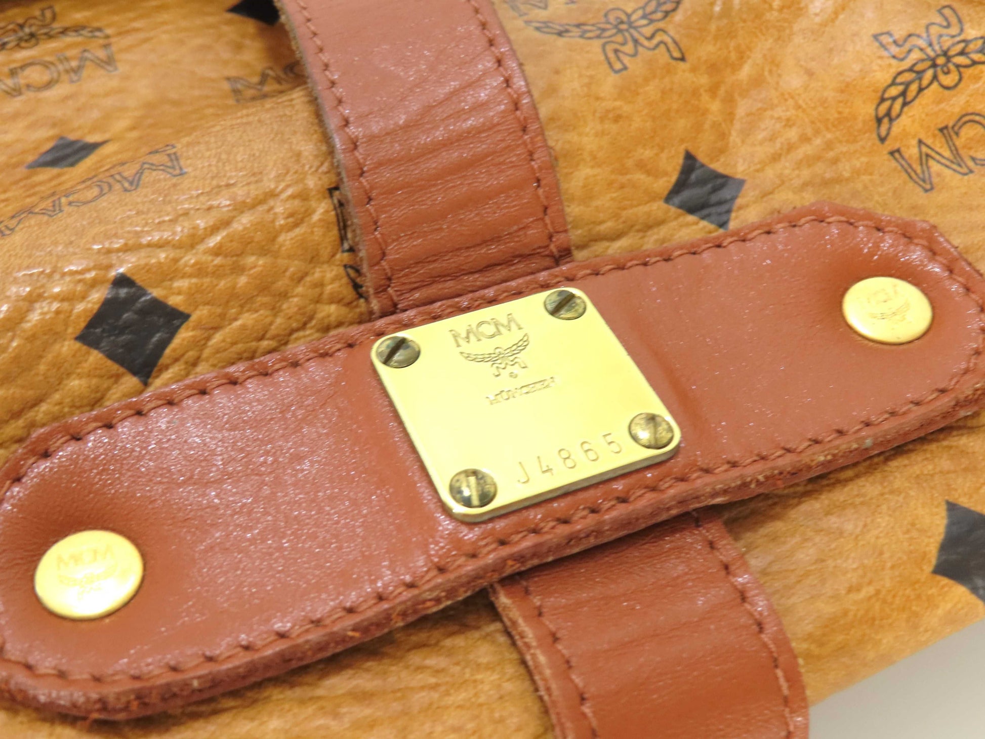 MCM Visetos Leather Shoulder Bag in Camel