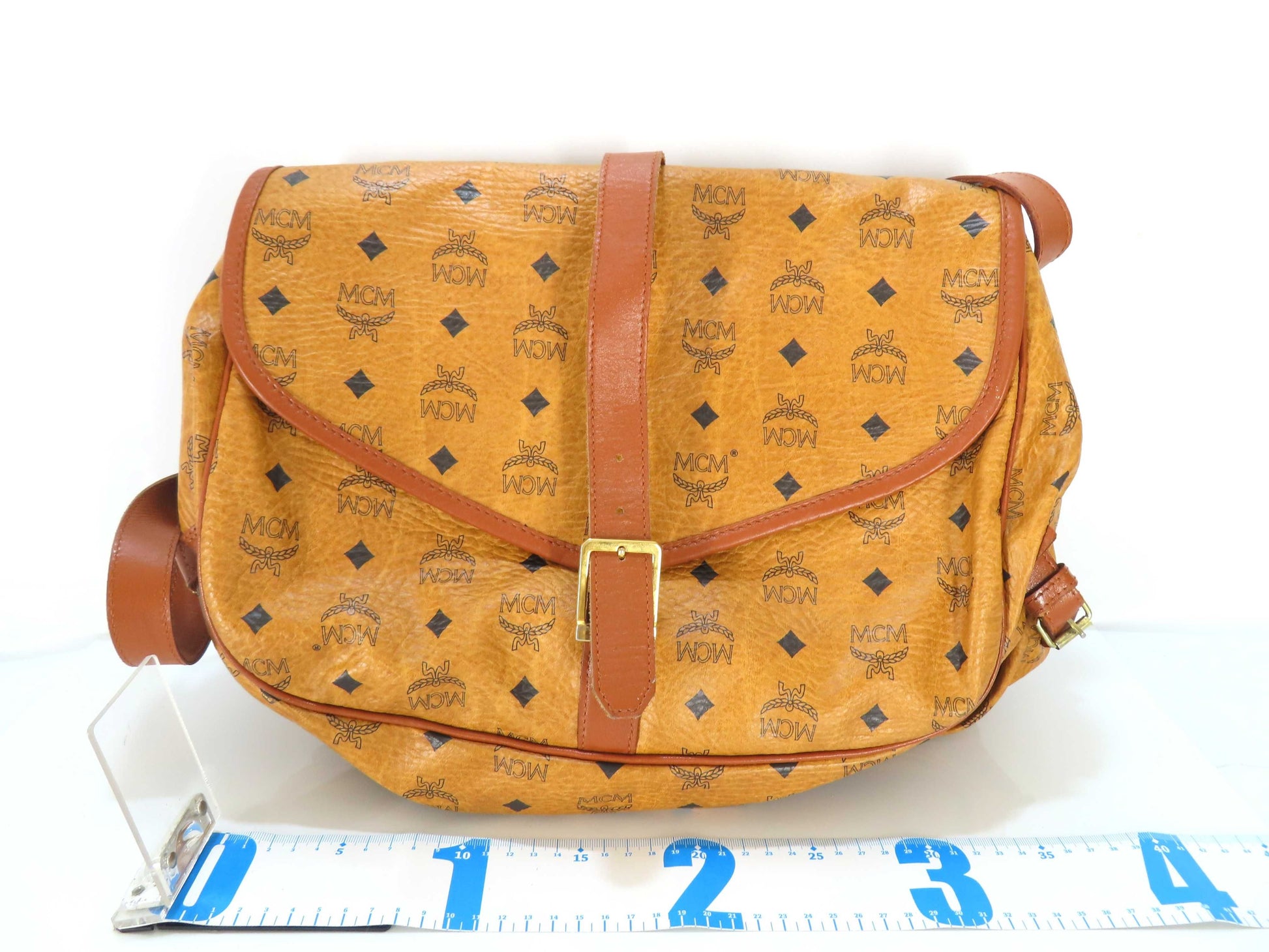 MCM Visetos Leather Shoulder Bag in Camel