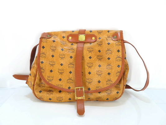 MCM Visetos Leather Shoulder Bag in Camel