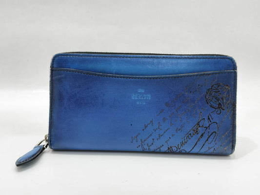 Berluti Berluti Round Zipper Zippy Wallet Calligraphy Calfskin Blue Wallet
