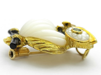 Owl Motif Shell Onyx PE 0.13ct K18 8.3g Brooch 