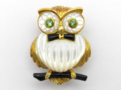 Owl Motif Shell Onyx PE 0.13ct K18 8.3g Brooch 