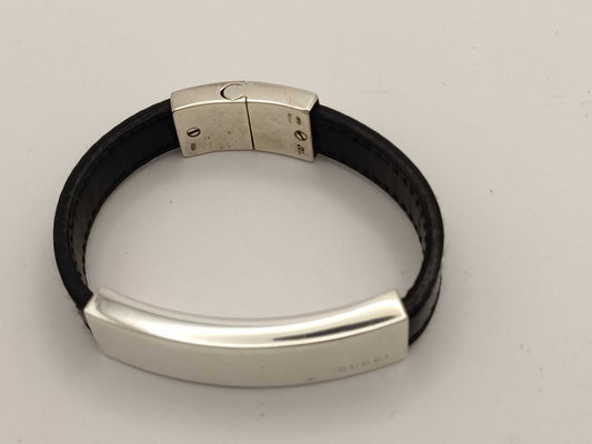 GUCCI Logo Plate Bracelet, SV925 and Leather, Silver and Black, Bracelet/Bangle