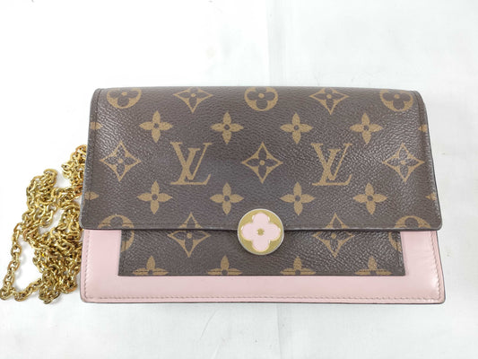 LOUIS VUITTON RFID Verified S N 4199 Monogram Louis Vuitton Monogram Portefeuille Flore Chain Rose Ballerine Shoulder Bag