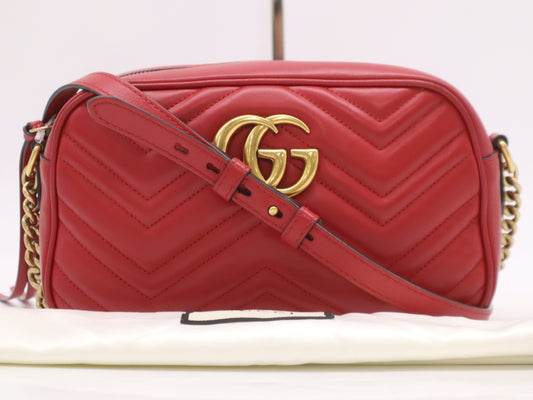 GUCCI Leather GG Marmont Quilted Small Shoulder Bag in Red with Dust Bag