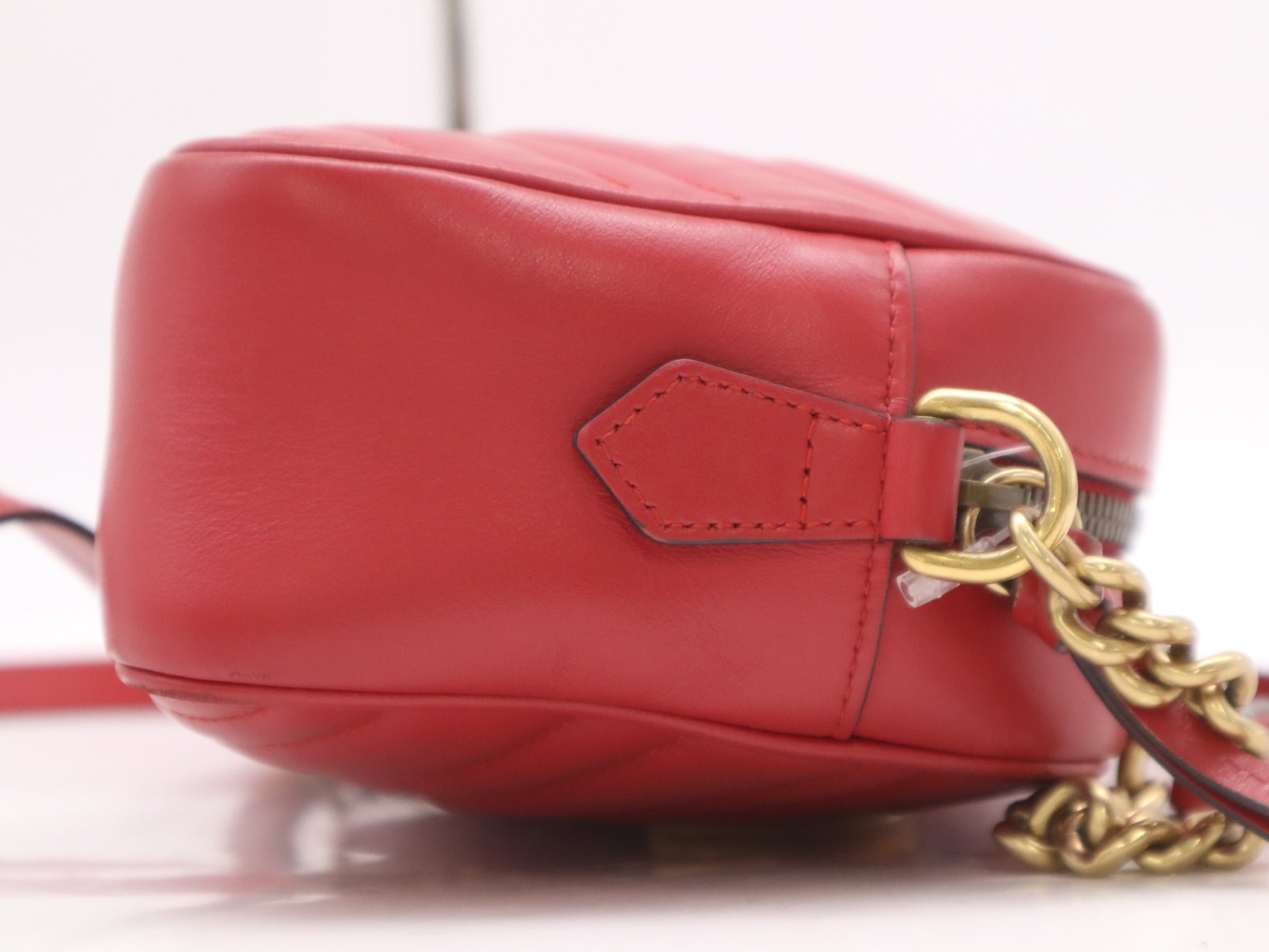GUCCI Leather GG Marmont Quilted Small Shoulder Bag in Red with Dust Bag
