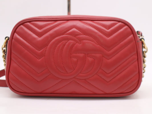 GUCCI Leather GG Marmont Quilted Small Shoulder Bag in Red with Dust Bag