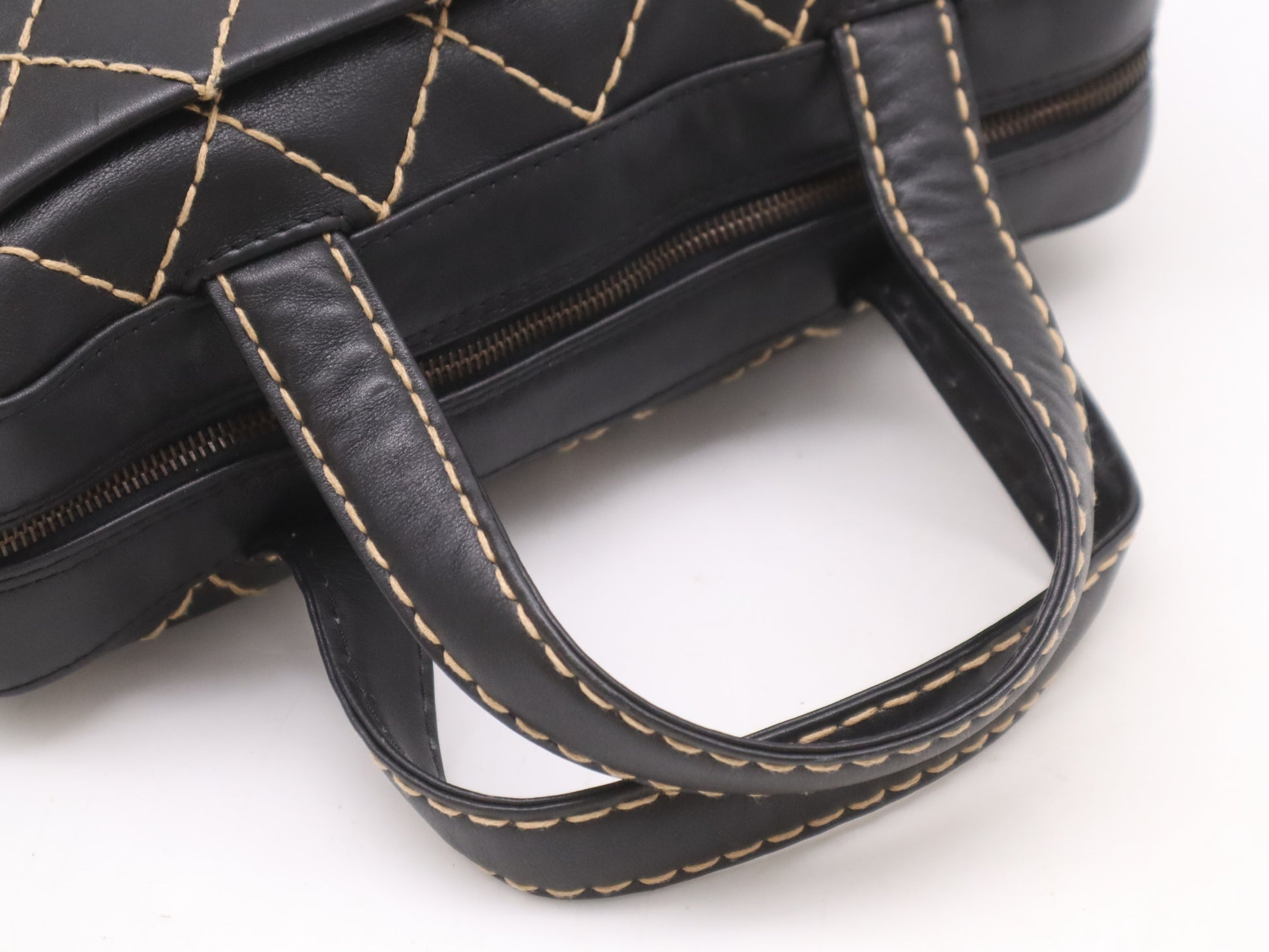CHANEL Leather Wild Stitch Handbag Mini Boston Bag Black Seal Card 6537258 Handbag