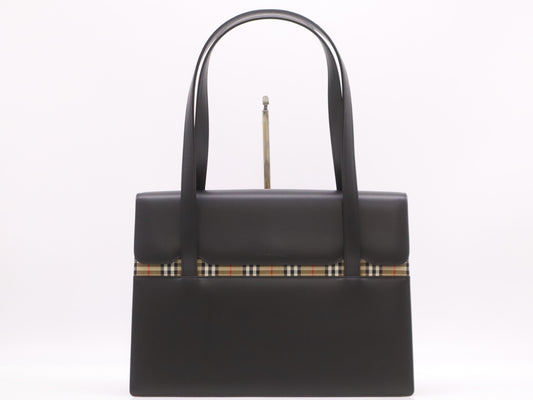 BURBERRY Canvas x Leather Nova Check Tote Bag Black Tote Bag