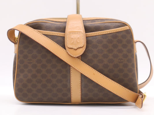 CELINE PVC and Leather Macadam Shoulder Bag in Dark Brown