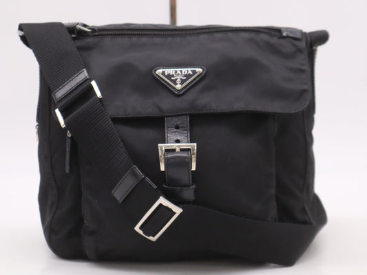 PRADA Tessuto Nylon Shoulder Bag with Triangle Logo Plate, Black