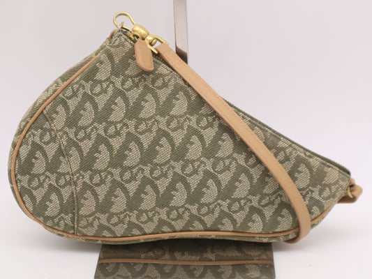 Dior MC0071 Canvas and Leather Trotter Saddle Handbag Green Brown Shoulder Bag