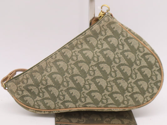 Dior MC0071 Canvas and Leather Trotter Saddle Handbag Green Brown Shoulder Bag