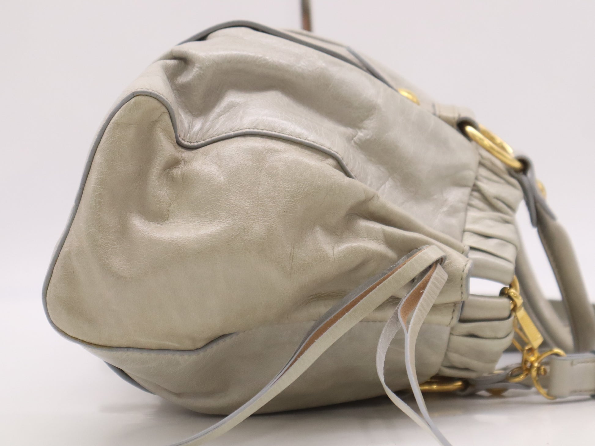 Miu Miu RT0383 Leather Miu Miu Gathered Design 2-Way Shoulder Bag/Handbag Gray with Shoulder Strap