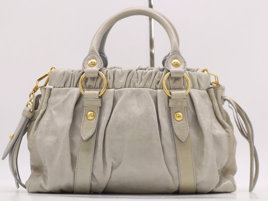 Miu Miu RT0383 Leather Miu Miu Gathered Design 2-Way Shoulder Bag/Handbag Gray with Shoulder Strap