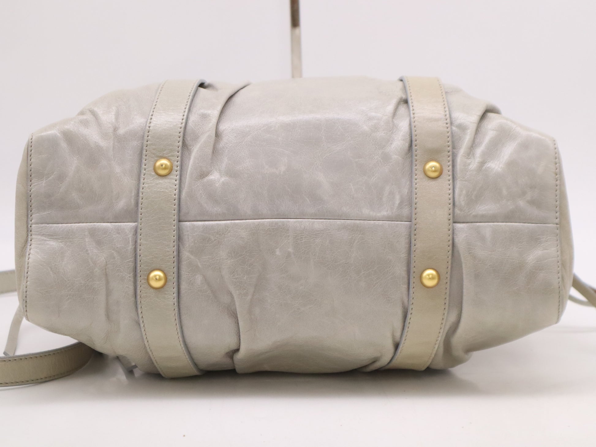 Miu Miu RT0383 Leather Miu Miu Gathered Design 2-Way Shoulder Bag/Handbag Gray with Shoulder Strap