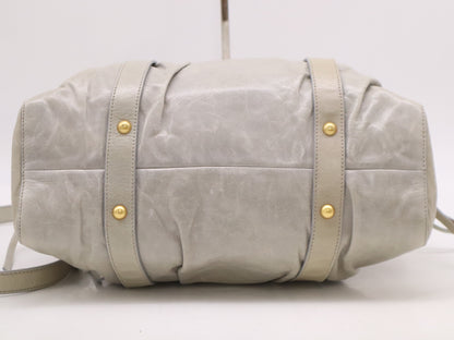 Miu Miu RT0383 Leather Miu Miu Gathered Design 2-Way Shoulder Bag/Handbag Gray with Shoulder Strap