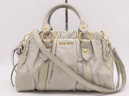 Miu Miu RT0383 Leather Miu Miu Gathered Design 2-Way Shoulder Bag/Handbag Gray with Shoulder Strap