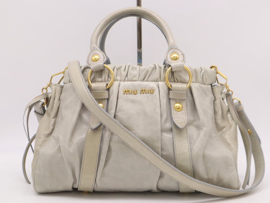 Miu Miu RT0383 Leather Miu Miu Gathered Design 2-Way Shoulder Bag/Handbag Gray with Shoulder Strap
