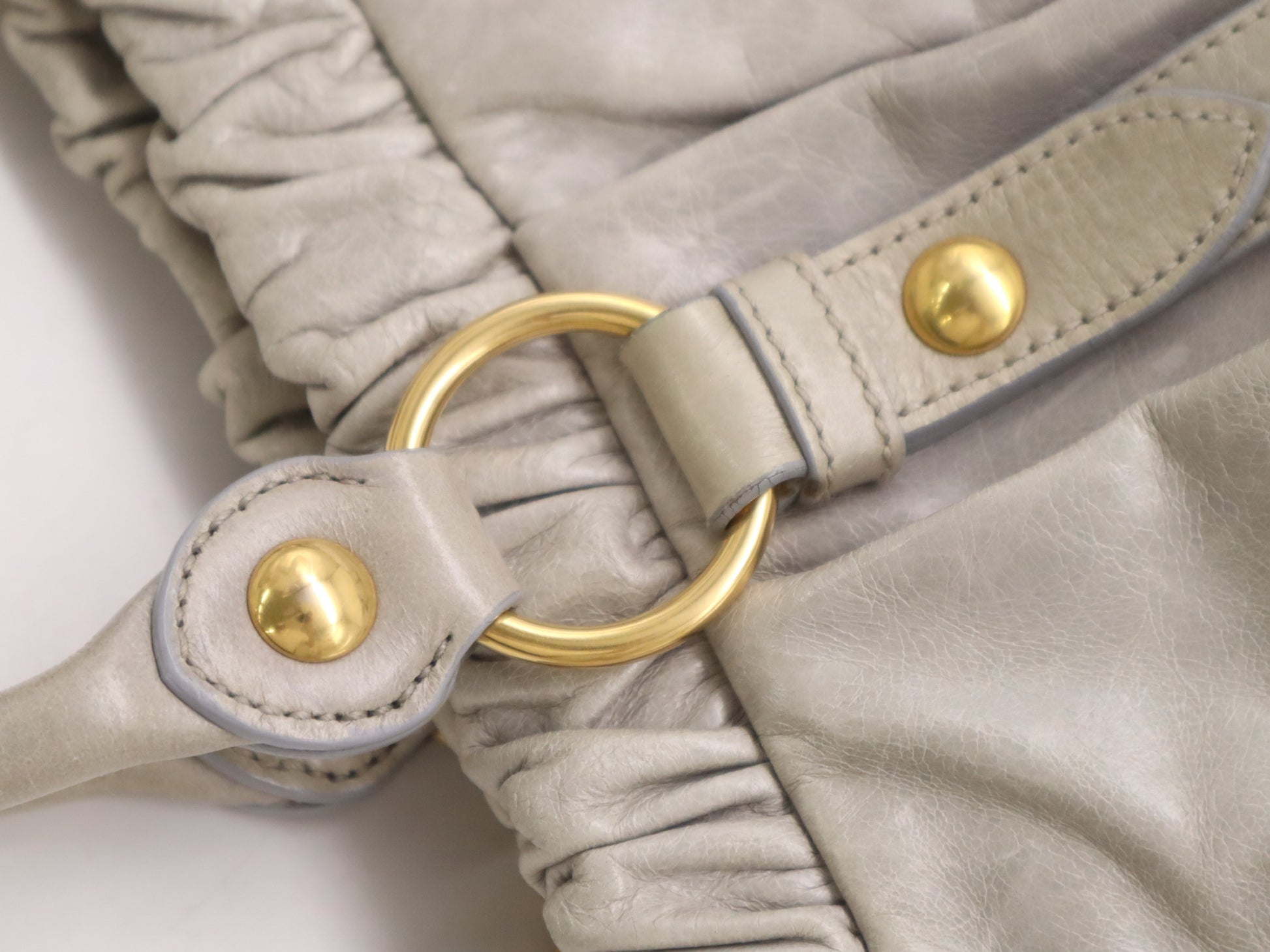 Miu Miu RT0383 Leather Miu Miu Gathered Design 2-Way Shoulder Bag/Handbag Gray with Shoulder Strap